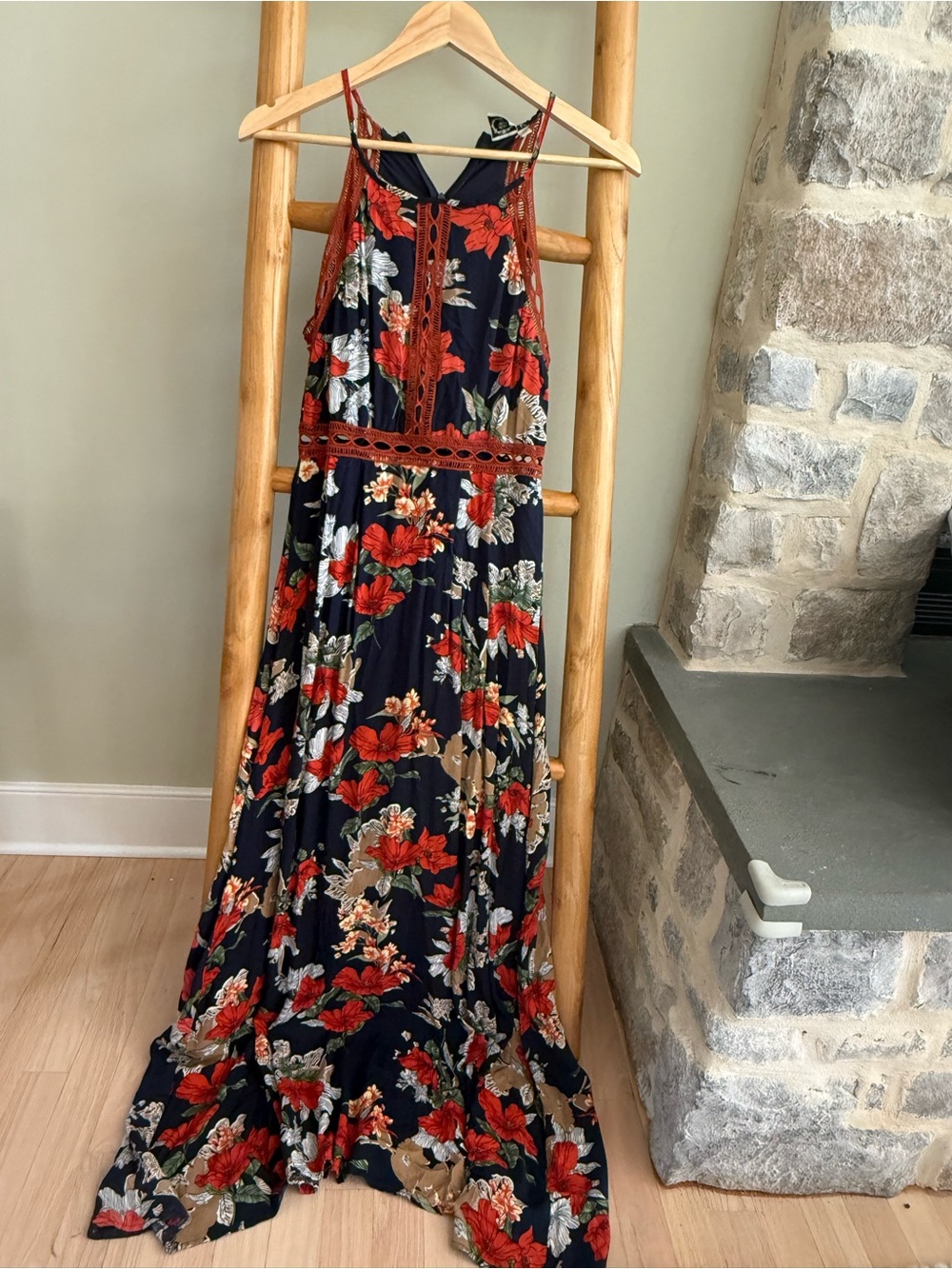 Navy Maxi Dress with Red Floral Print